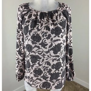 LOFT by Ann Taylor XS Petite Blush Pink Gray Floral Blouse Long Sleeve